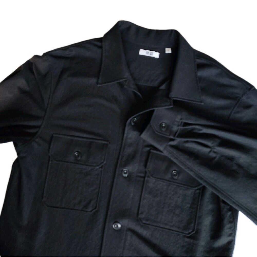 Uniqlo Mens L Oversized Black Shirt Shacket Long Sleeve Button Minimalist NWOT